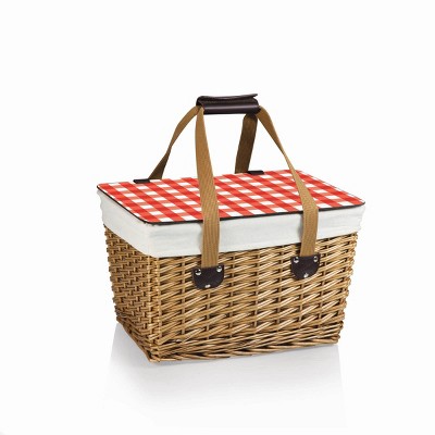Picnic Time Canasta Wicker Basket with Beige Canvas with Red and White Gingham Pattern Lid