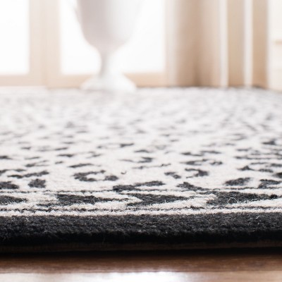 White and Black Hand-Knotted Wool Floral Runner Rug
