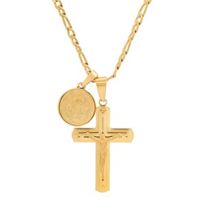 Steeltime 24" Men's 18k gold plated stainless steel crucifix and St. Benedict pendant - 1 of 4