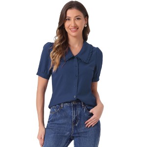 INSPIRE CHIC Women's Peter Pan Collar Puff Short Sleeve Button Cuff Elegant Blouse - 1 of 4