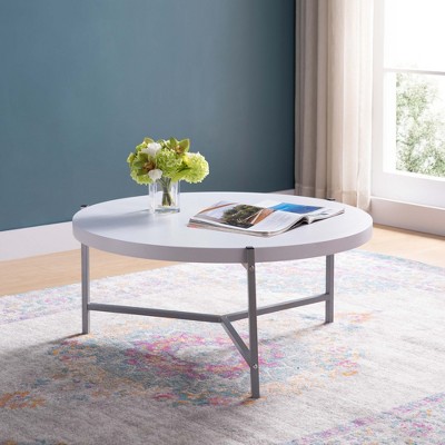 36.5" Round Coffee Table with White Top and Silver Metal Legs, Ideal for Living Room or Small Spaces