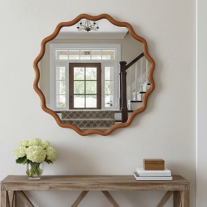 Wooakway 30" Wavy Round Mirror Natural Wood/White/Yellow Brown Frame Modern Decorative Wall Mirror for Living Room Bedroom Bathroom Entryway - 1 of 4