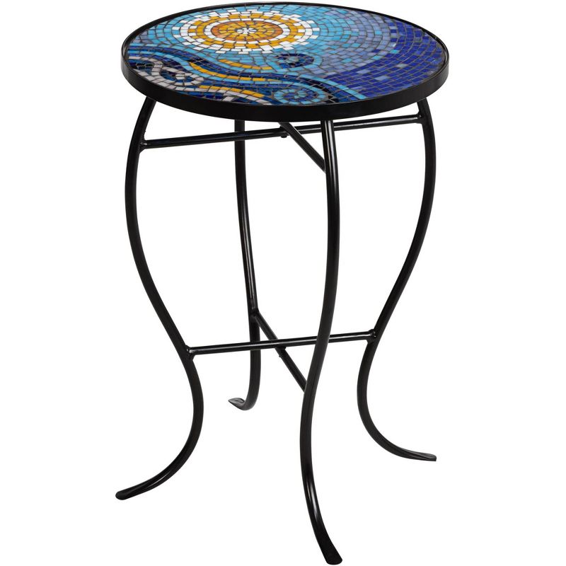 Teal Island Designs Modern Black Round Outdoor Accent Side Table 14" Wide Blue Ocean Mosaic Tabletop Front Porch Patio Home House, 1 of 8