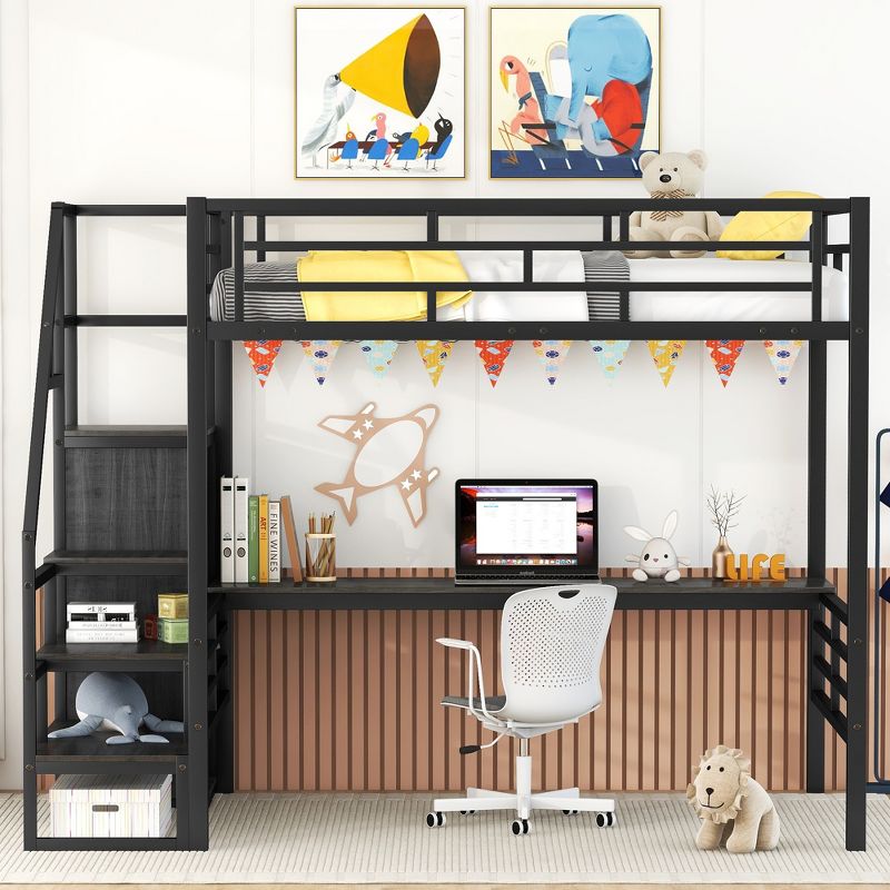 Full Size Metal Loft Bed with Desk, Storage Staircase and Small Wardrobe – ModernLuxe, 2 of 11