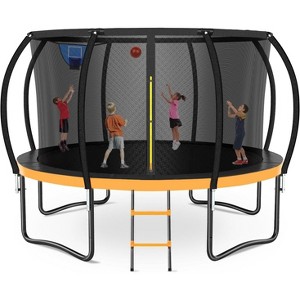 Zevemomo 12FT Outdoor Pumpkin Trampoline with Safety Net& Ladder,Coated Metal Frame,ASTM Certified for Kids & Adults,Large Outdoor Backyard Trampoline - 1 of 4