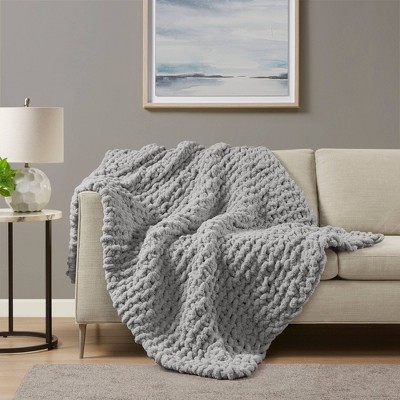 Gray Chenille Chunky Knit Handmade Throw Blanket