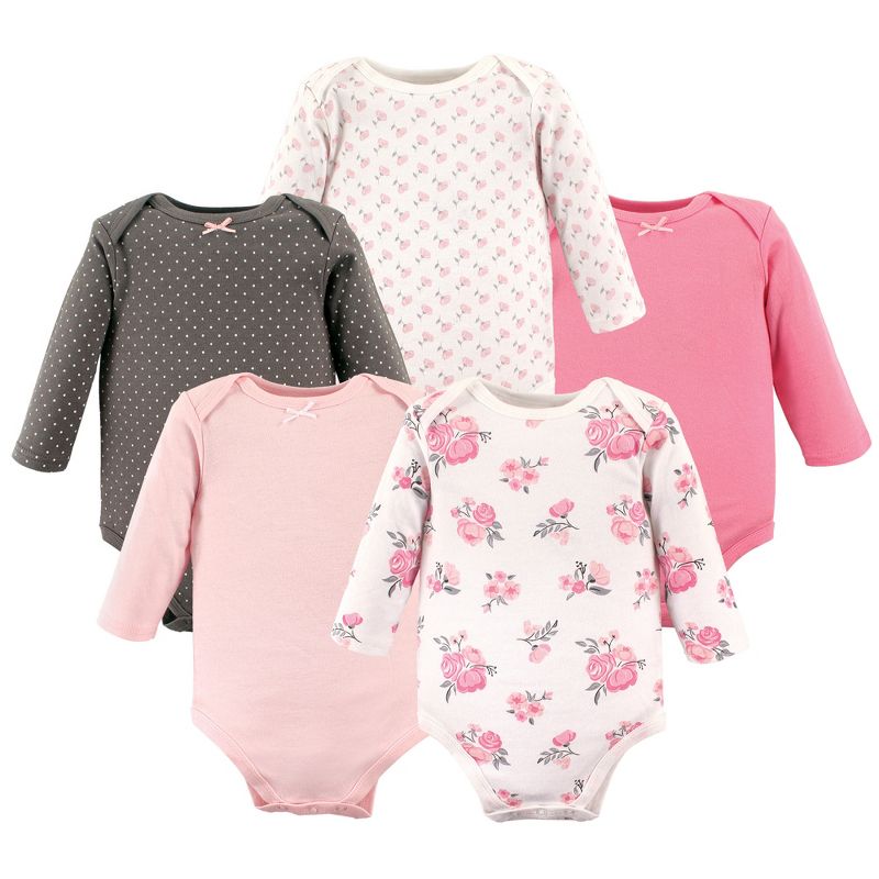 Hudson Baby Infant Girl Cotton Long-Sleeve Bodysuits 5pk, Basic Pink Floral, 1 of 3