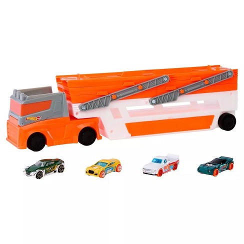 Hot Wheels Mega Hauler Truck with 4 Die Cast Cars and Toy Storage