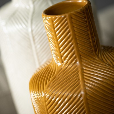 Large White and Mustard Artisanal Ceramic Vase Set