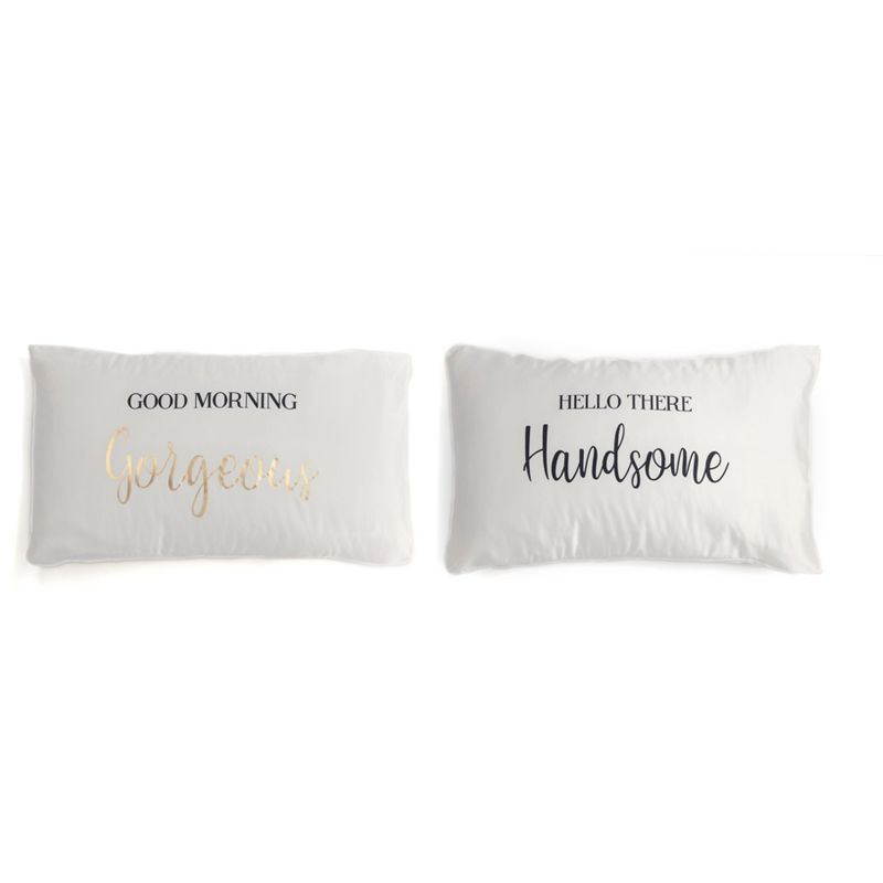 Set of 2 Standard Pillowcases "Good Morning Gorgeous/ Hello There Handsome"  - White - Shiraleah, 1 of 4