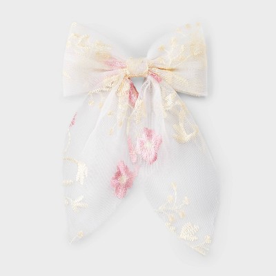 Mesh Embroidered Floral Bow Hair Barrette - Wild Fable™ White/Pink: Botanical Pattern, Recycled Polyester