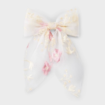 Mesh Embroidered Floral Bow Hair Barrette - Wild Fable™ White/Pink