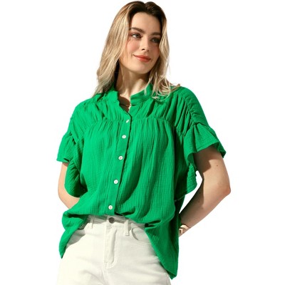 Allegra K Women's Casual Button Up Textured Ruffle Sleeve Blouse