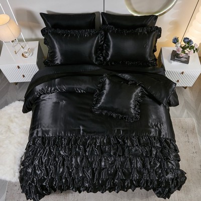 Satin Ruffle Comforter Set Bed in a Bag – 6/8-Piece Luxury Waterfall Bedding with Sheets, Pillowcases & Cushion Cover, Soft Silky Quilt