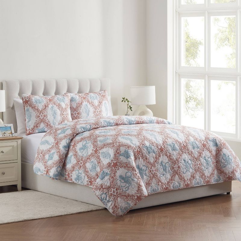 VCNY 3pc Home Coastal Coral Pink Printed Sealife Quilt Set, 3 of 7