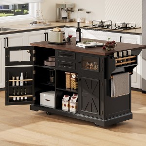 LOVSON 54.9" Stylish Kitchen Island with Drop Leaf&Power Outlet ,Functional Storage Cart with 4 Door Shelves, Visual Glass Door,for Kitchen,Black - 1 of 4