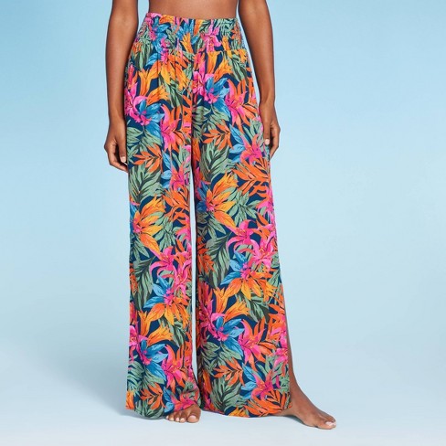 Women's Smocked Waist Side Slit Cover Up Pants - Shade & Shore™ Multi  Tropical Floral Print Xs : Target