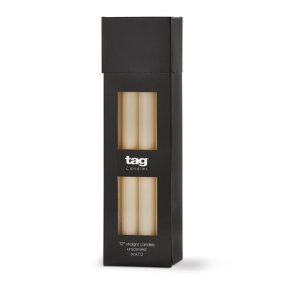 TAG Color Studio 12" Straight Taper Unscented Smokeless Paraffin Decorative Wax Candle Ivory Burn Time 12 hrs. Set 12