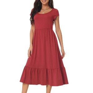Seta T Women's Casual Round Neck Ruffle Hem Short Cap Sleeve Knit Tiered Midi Dress with Pockets - 1 of 4