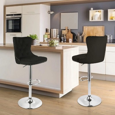 Black velvet bar stools set of two, swivel bar height stools, adjustable bar chairs