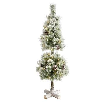 Nearly Natural 3-ft Flocked Artificial Christmas Tree Topiary with 50 Warm White LED Lights and Pine Cones