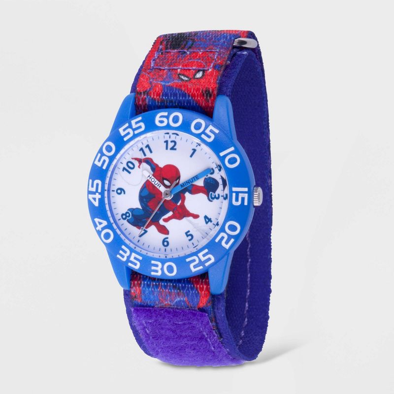 Kids&#39; Marvel Spider-Man Plastic Time Teacher Hook and Loop Strap Watch - Blue, 1 of 7