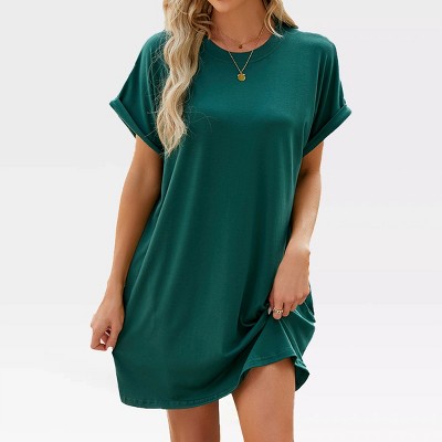 Womens Crew Neck T Shirt Dress Summer Shift Dress Basic Comfy A Line Lounge Dress V Neck Solid Pajama Dress Short Sleeve Nightgowns