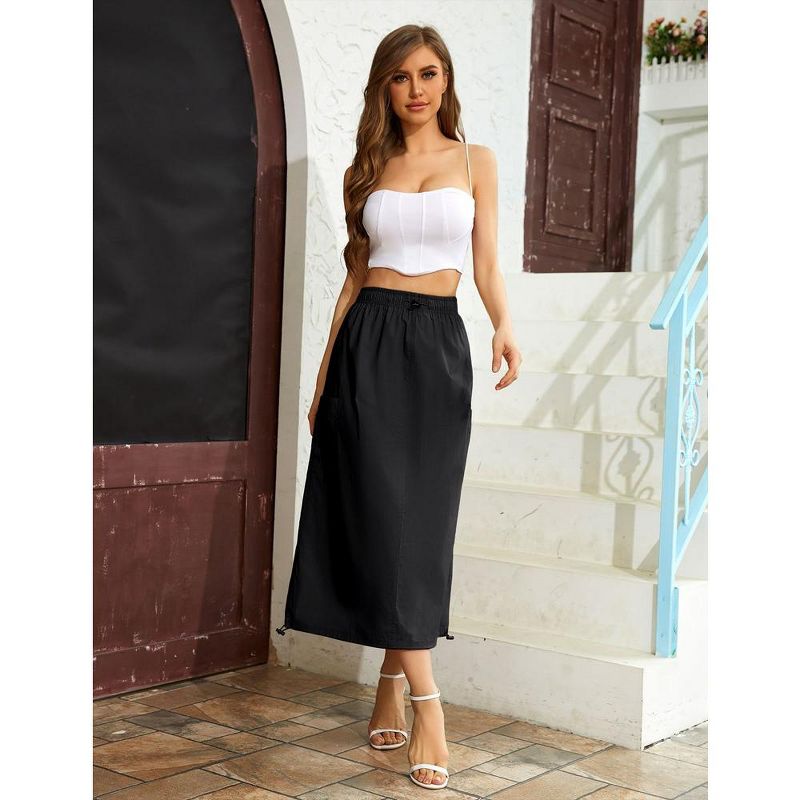 Women Y2k Cargo Long Skirt Drawstring Waist Casual Back Ruched Vintage Slit Skirts with Pockets, 2 of 8