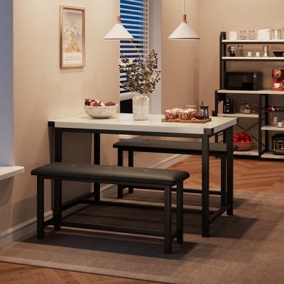Dining Room Table Set with 2 Benches,Dining Table Set for 4 Kitchen Table with 2 PU Upholstered Benches