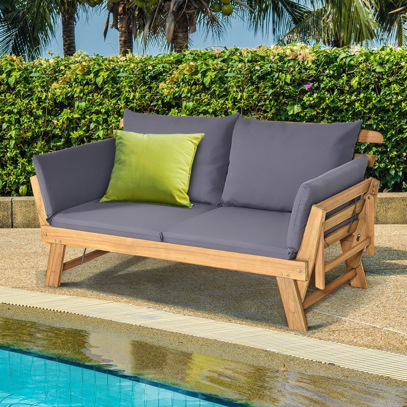 Tangkula Outdoor Folding Daybed Patio Acacia Wood Convertible Couch Sofa Bed TurquoiseRed WhiteDark Grey, 3 of 9