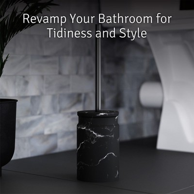 Black Marble Look Toilet Brush and Holder Set with Sturdy Bristles
