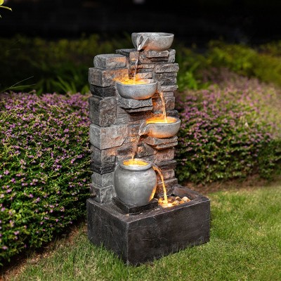 Teamson Home 28.5" Outdoor 4-Tier Stacked Stone Cascading Water Fountain with LED Lights, Gray
