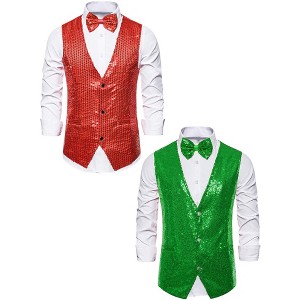 Lars Amadeus Men's Party Prom Shiny Sequins Dress Suit Vest with Bow Tie 2 Packs - 1 of 4