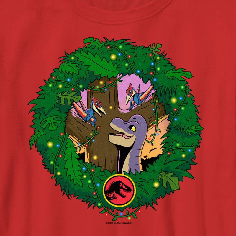 Boy's Jurassic World Dinosaur Christmas Wreath T-Shirt, 2 of 5