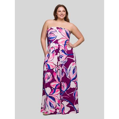24seven Comfort Apparel Plus Size Purple Floral A Line Strapless Maxi Dress With Pockets