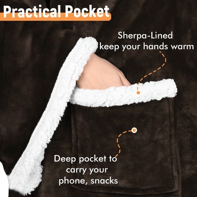 Brown Sherpa Fleece Wearable Blanket with Sleeves and Foot Pockets