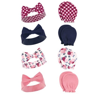 Hudson Baby Infant Girl Cotton Headband and Scratch Mitten Set, Pink Navy Floral, 0-6 Months