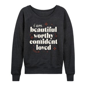 Women's - Instant Message - Beautiful Worthy Confident Loved Lightweight French Terry Wide Neck Long Sleeve Graphic Shirt - 1 of 4