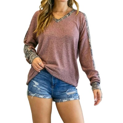 Women's V Neck Paisley Print Contrast Top Plus - ADORA