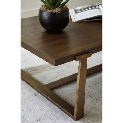 Contemporary Rectangular Brown Wood and Gold Metal Coffee Table