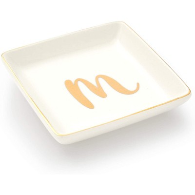 Juvale Letter M Ceramic Trinket Tray, Monogram Initials Jewelry Dish for Ring (4 Inches)