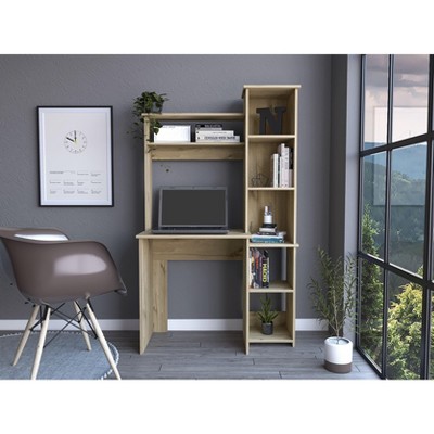 Vynxaria Writing Desk with Hutch, Light Oak Finish, Two Shelves, Five Cubbies