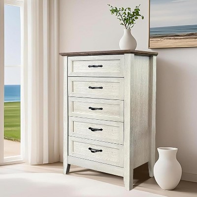 Homhougo Farmhouse 5-Drawer Tall  Dresser, Wooden Storage Chest for Bedroom, Living Room, Hallway
