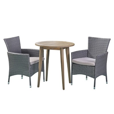 Bruna 3pc Wood & Wicker Bistro Set - Gray/Gray - Christopher Knight Home