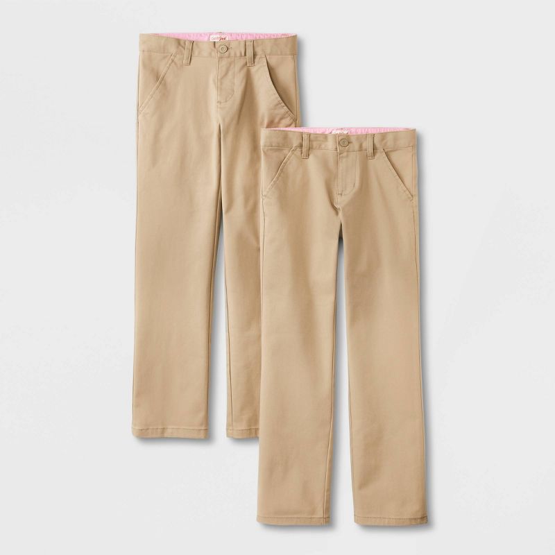 Girls' 2pk Straight Fit Uniform Pants - Cat & Jack™ Khaki, 1 of 5