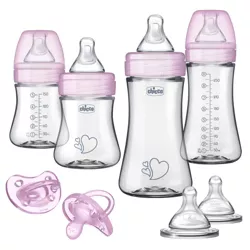 Chicco Duo Newborn Hybrid Baby Bottle Gift Set with Invinci-Glass Inside/Plastic Outside- Pink - 8pc