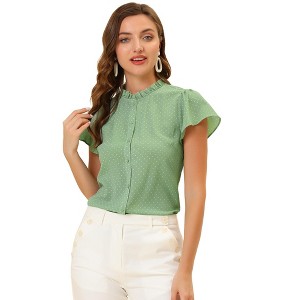 INSPIRE CHIC Women's Dots Print Ruffle Neck Short Sleeve Button Up Shirts - 1 of 4