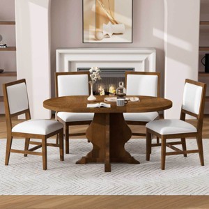 Farmhouse 5-Piece Extendable Dining Table Set with Upholstered Chairs, Wood Oval Table with 15.7" Leaf for Kitchen Dining Room-3irtyhousy - 1 of 4