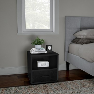 Black Wood and Metal Stackable Cube End Table with Drawer