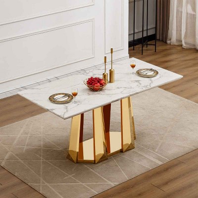 70 Inch Modern Design Dining Table, Rectangular Dining Table for 6 People, Faux Marble Table Top with Stainless Steel Base-Cuddlewood